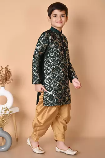 embroidery & sequins work bottel green dupion silk kurta and patiyala set for boys