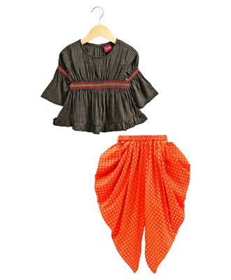 Twisha girls rayon stripe peplum top & foil  printed dhoti pants - black & orange 2
