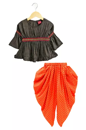 Twisha girls rayon stripe peplum top & foil  printed dhoti pants - black & orange