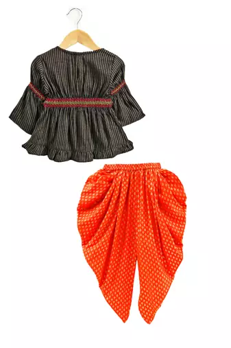 Twisha girls rayon stripe peplum top & foil  printed dhoti pants - black & orange