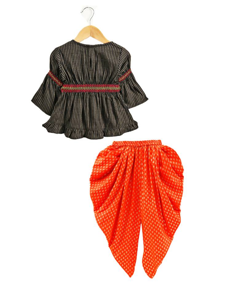 Twisha girls rayon stripe peplum top & foil  printed dhoti pants - black & orange