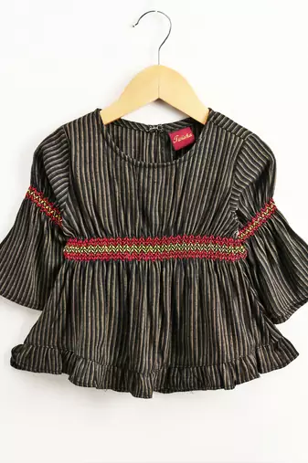 Twisha girls rayon stripe peplum top & foil  printed dhoti pants - black & orange