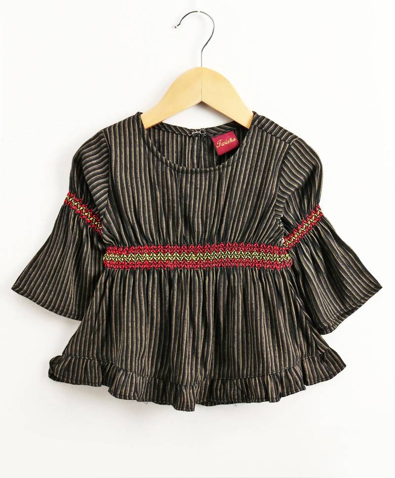 Twisha girls rayon stripe peplum top & foil  printed dhoti pants - black & orange