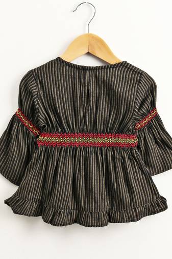 Twisha girls rayon stripe peplum top & foil  printed dhoti pants - black & orange