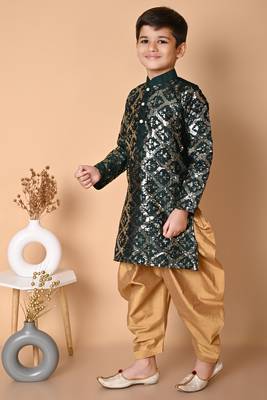 embroidery & sequins work bottel green dupion silk kurta and patiyala set for boys 4