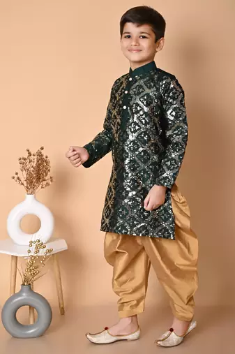 embroidery & sequins work bottel green dupion silk kurta and patiyala set for boys