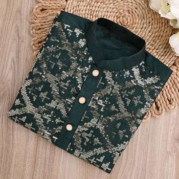 embroidery & sequins work bottel green dupion silk kurta and patiyala set for boys 5