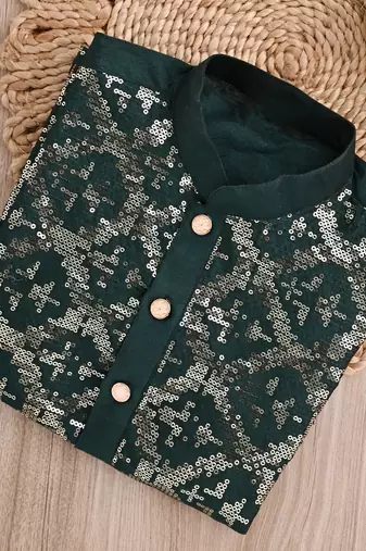 embroidery & sequins work bottel green dupion silk kurta and patiyala set for boys