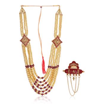   groom sherwani necklace layered moti mala for wedding | groom mala with brooch set 2