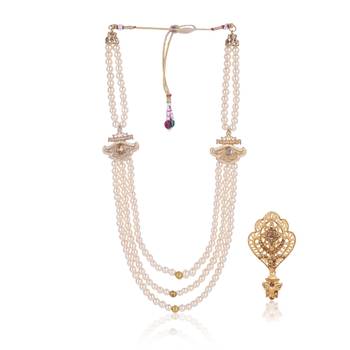   groom sherwani necklace layered moti mala for wedding | groom mala with brooch set 2