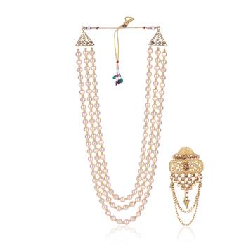   groom sherwani necklace layered moti mala for wedding | groom mala with brooch set 2