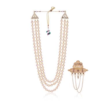   groom sherwani necklace layered moti mala for wedding | groom mala with brooch set 2