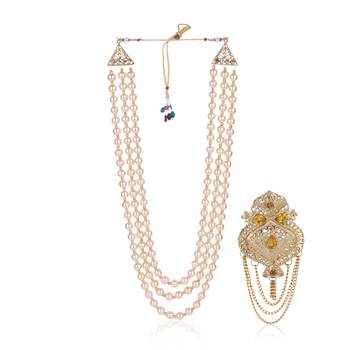   groom sherwani necklace layered moti mala for wedding | groom mala with brooch set 2
