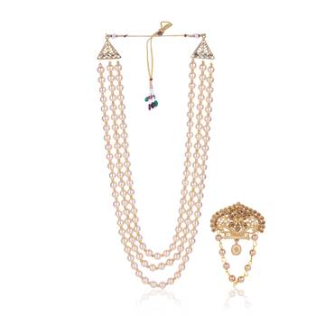   groom sherwani necklace layered moti mala for wedding | groom mala with brooch set 2