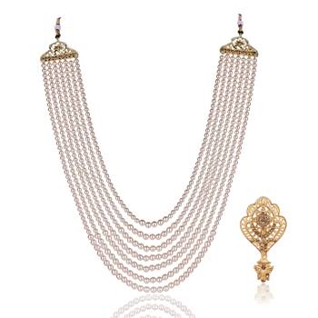   groom sherwani necklace layered moti mala for wedding | groom mala with brooch set 2