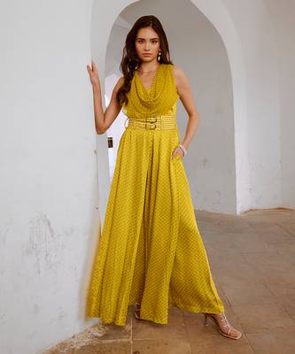Gulbahar lemon green cowl jumpsuit with belt 1