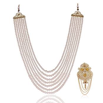  groom sherwani necklace layered moti mala for wedding | groom mala with brooch set 2