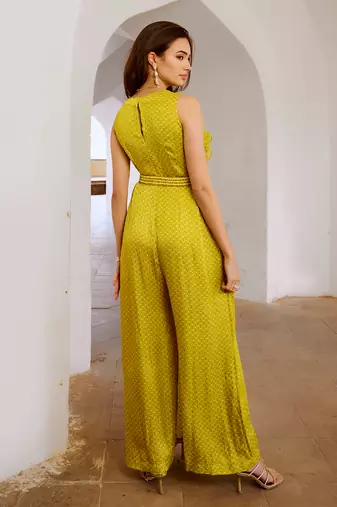 Gulbahar lemon green cowl jumpsuit with belt