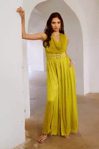 Gulbahar lemon green cowl jumpsuit with belt