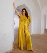 Gulbahar lemon green cowl jumpsuit with chiffon jacket & belt set.