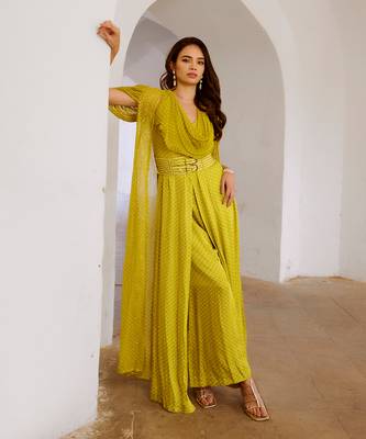 Gulbahar lemon green cowl jumpsuit with chiffon jacket & belt set. 2