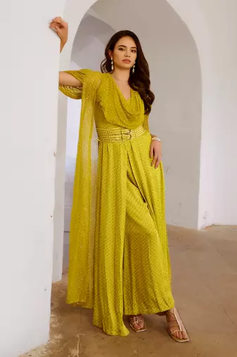 Gulbahar lemon green cowl jumpsuit with chiffon jacket & belt set.