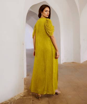 Gulbahar lemon green cowl jumpsuit with chiffon jacket & belt set. 3