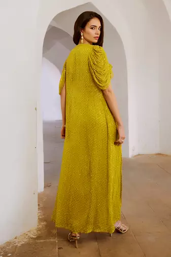 Gulbahar lemon green cowl jumpsuit with chiffon jacket & belt set.