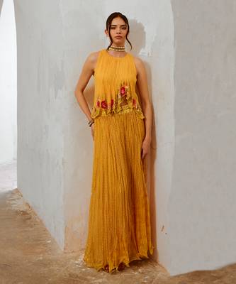 Gulbahar daisy gulshan boho top with printed chiffon skirt & belt set. 1