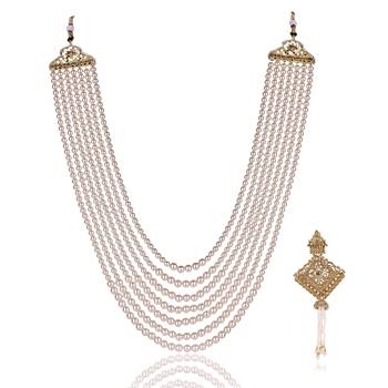   groom sherwani necklace layered moti mala for wedding | groom mala with brooch set 2