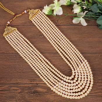   groom sherwani necklace layered moti mala for wedding | groom mala with brooch set 1