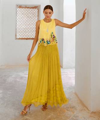 Gulbahar lime gulshan boho top with printed chiffon skirt & belt set. 1