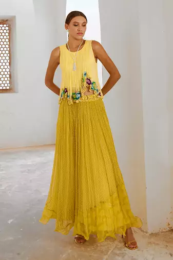 Gulbahar lime gulshan boho top with printed chiffon skirt & belt set.