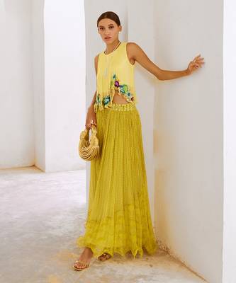 Gulbahar lime gulshan boho top with printed chiffon skirt & belt set. 3