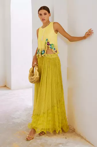Gulbahar lime gulshan boho top with printed chiffon skirt & belt set.
