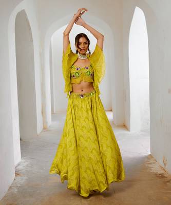 Gulbahar lemon green  butterfly boho blouse with flair skirt set 1