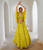 Gulbahar lemon green  butterfly boho blouse with flair skirt set