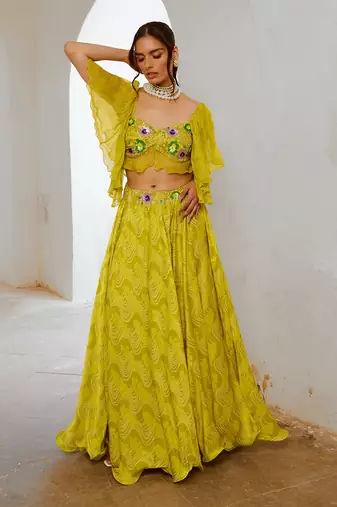 Gulbahar lemon green  butterfly boho blouse with flair skirt set