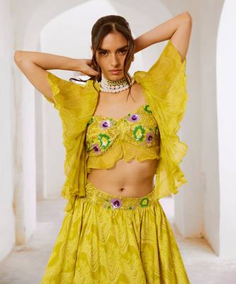 Gulbahar lemon green  butterfly boho blouse with flair skirt set 3