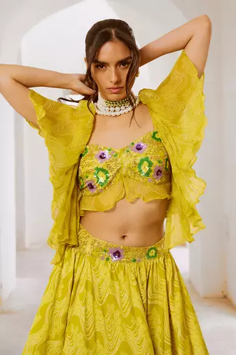 Gulbahar lemon green  butterfly boho blouse with flair skirt set