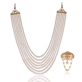   groom sherwani necklace::Moti mala layered for wedding | groom mala with brooch set 2