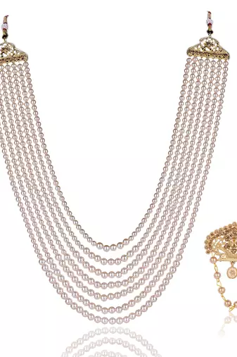   groom sherwani necklace::Moti mala layered for wedding | groom mala with brooch set