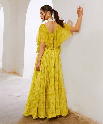 Gulbahar lemon green  butterfly boho blouse with flair skirt set 4
