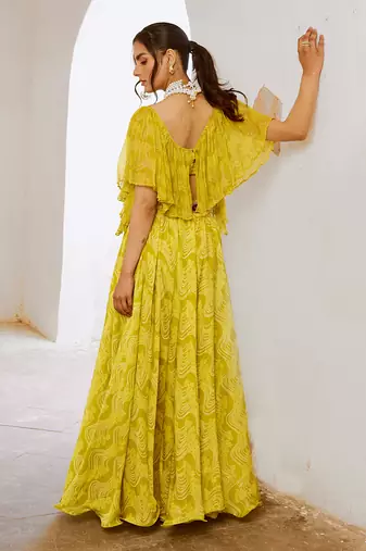 Gulbahar lemon green  butterfly boho blouse with flair skirt set