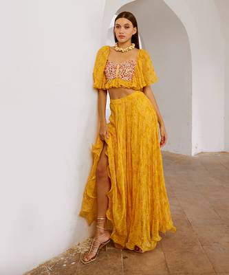 Gulbahar marigold yellow  jugnu sitara butterfly blouse with flair skirt set. 1
