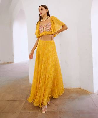 Gulbahar marigold yellow  jugnu sitara butterfly blouse with flair skirt set. 4