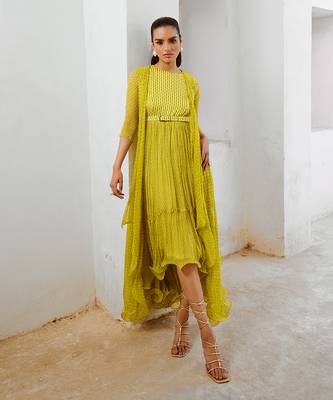 Gulbahar lemon green midi with jugnu cape & belt set. 1