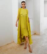 Gulbahar lemon green midi with jugnu cape & belt set.
