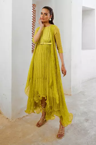 Gulbahar lemon green midi with jugnu cape & belt set.