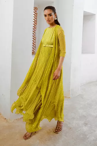 Gulbahar lemon green midi with jugnu cape & belt set.